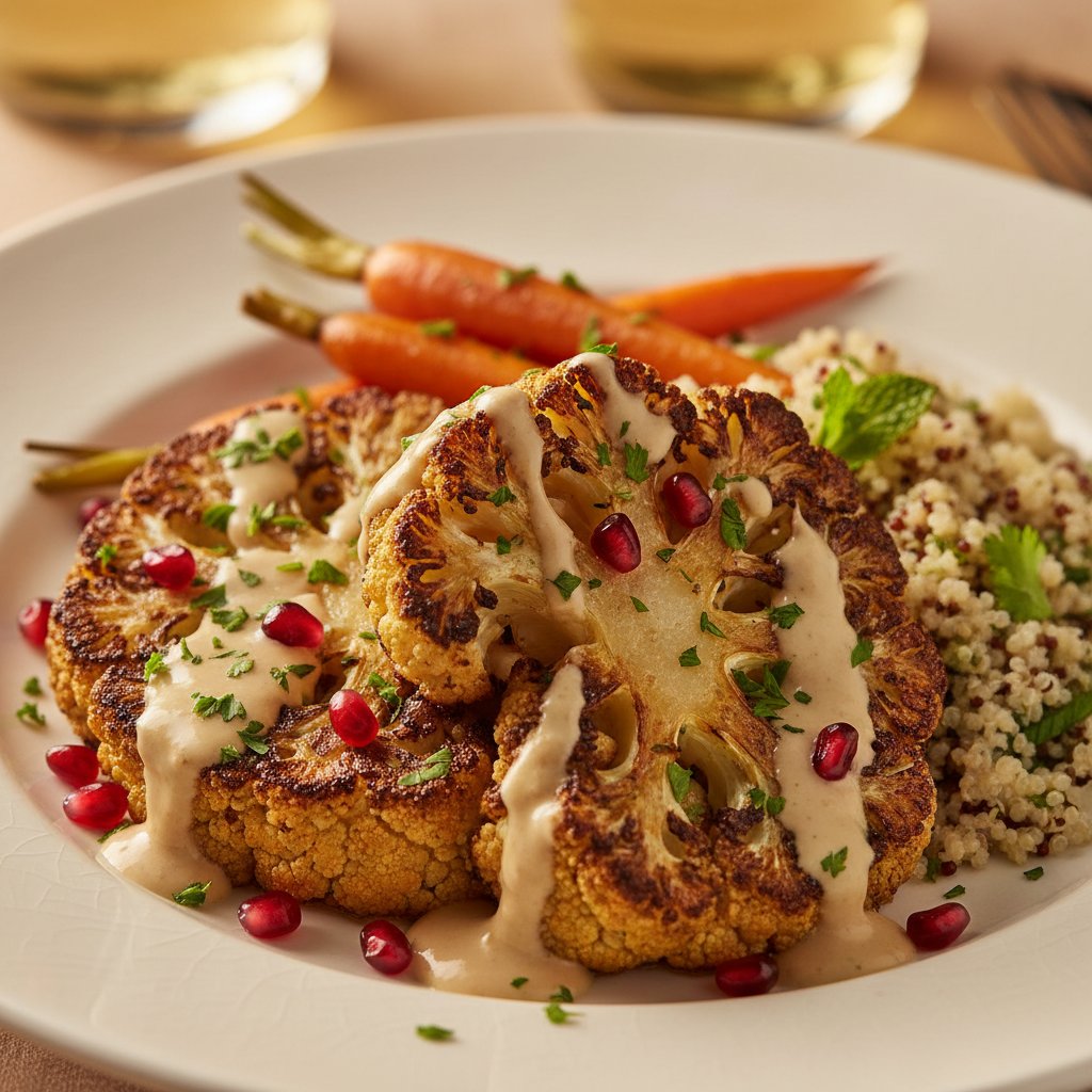 Roasted cauliflower steaks drizzled with tahini-lemon sauce, pomegranate seeds, and herbed quinoa with roasted carrots