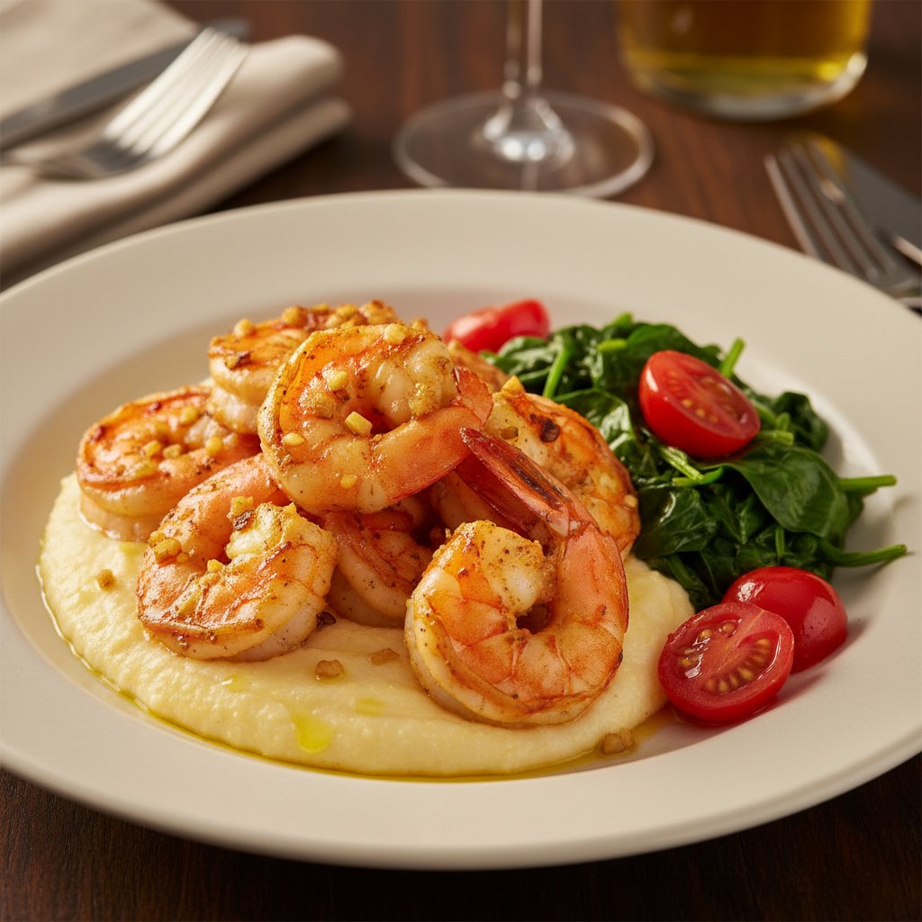Turmeric-ginger garlic shrimp on creamy polenta with sautéed spinach and halved cherry tomatoes