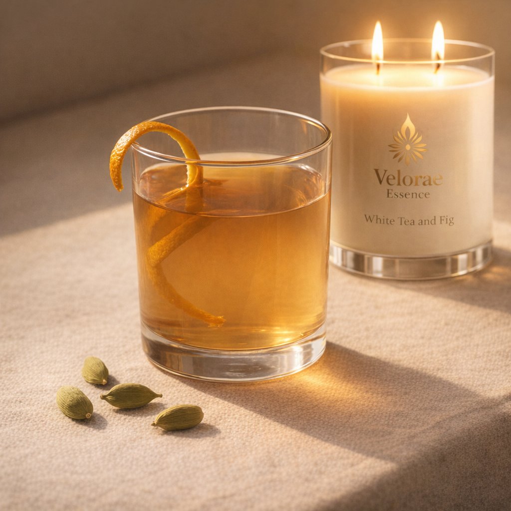 Amber rhodiola citrus tonic with orange peel and cardamom pods beside a Velorae Essence candle