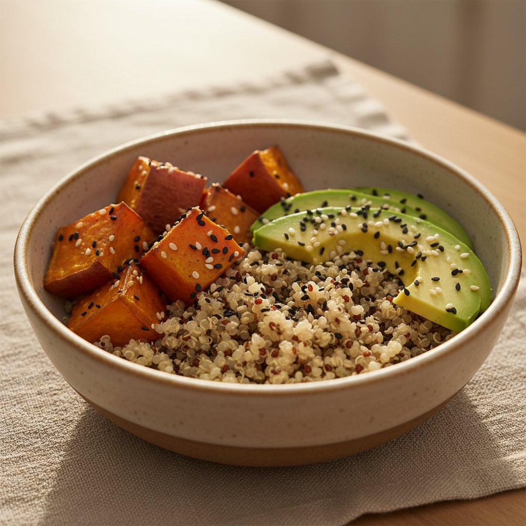 Quinoa bowl with roasted sweet potato cubes, sliced avocado, and sesame seeds in a ceramic bowl